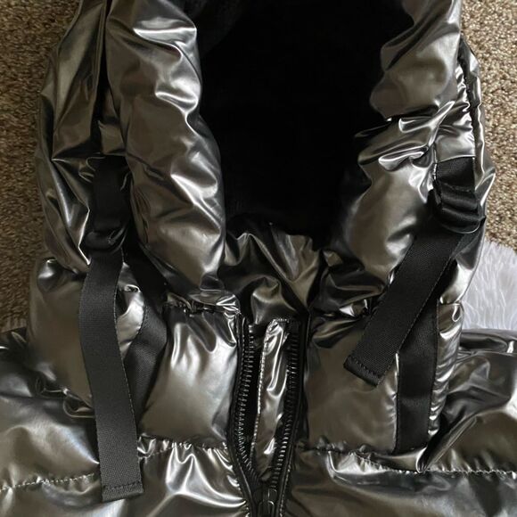DKNY Silver Puffer Coat Bubble Lined Puffy Shiny Metallic Gunmetal Womens Large - Picture 10 of 13